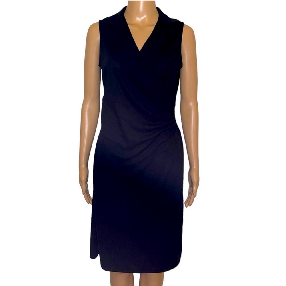 Vintage Express Solid Black Collared Cross Front Sleeveless Mini Dress